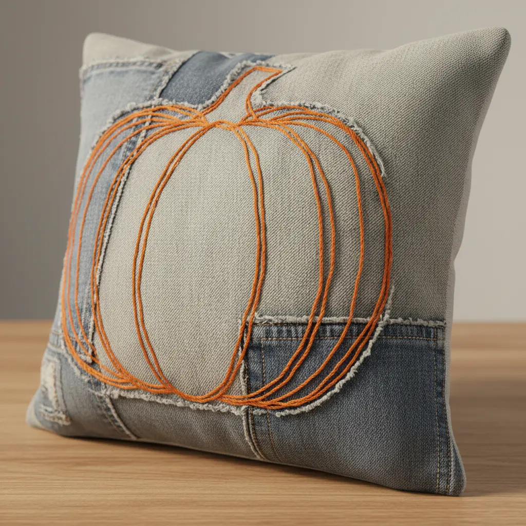 A pillow made from light-wash denim, with a pumpkin shape defined by topstitching with thick, orange thread instead of traditional bias tape.