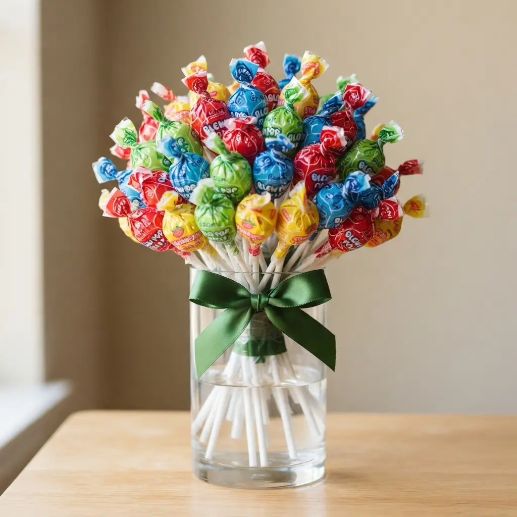 A colorful bouquet of assorted blow pops standing upright in a clear glass vase with green ribbon.