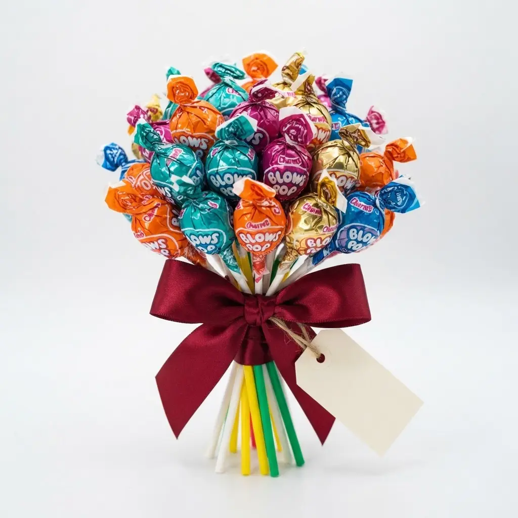A neat bundle of blow pops held together with a wide satin ribbon and a small tag with a birthday message.