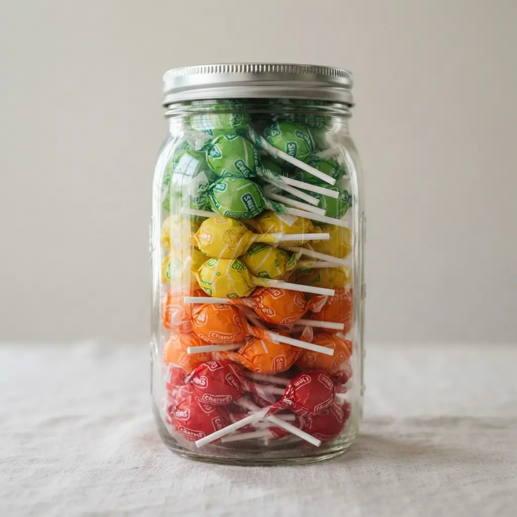 A clear mason jar packed with blow pops sorted into distinct bands of red, orange, yellow, and green.