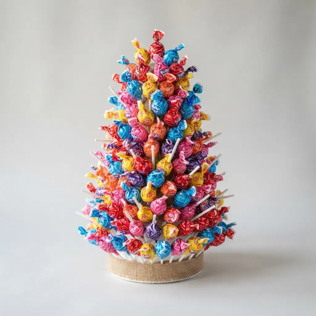 A cone-shaped styrofoam base densely covered with blow pops sticking out to resemble a festive candy tree.