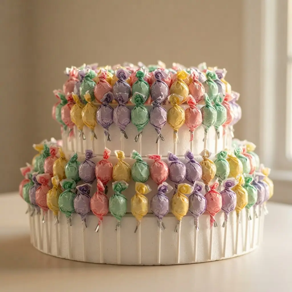 A birthday cake shaped structure with two stacked foam tiers completely covered in rows of blow pops.