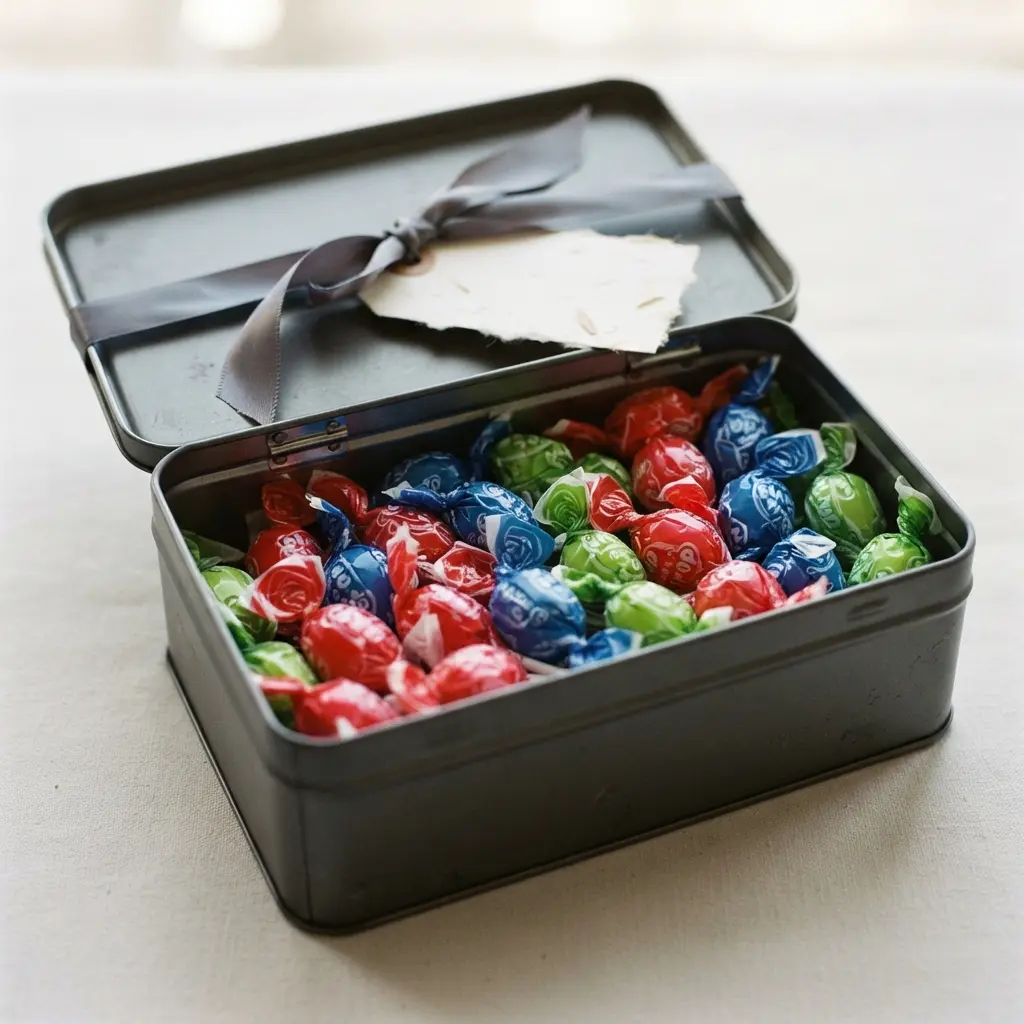 A decorative metal tin open to reveal blow pops inside, with a custom printed label that reads Birthday Survival Kit.
