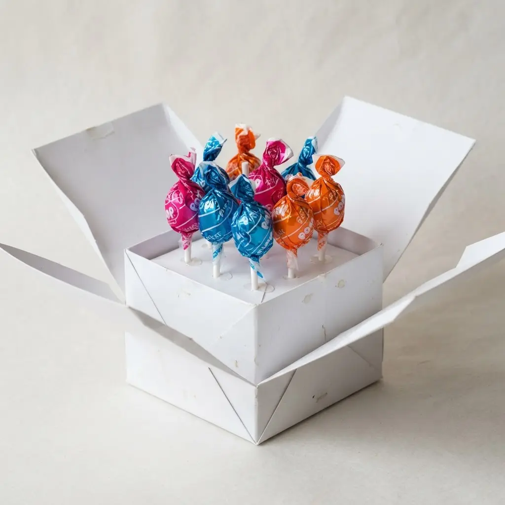 A square paper explosion box with its flaps open, showing blow pops nestled in the center compartment.