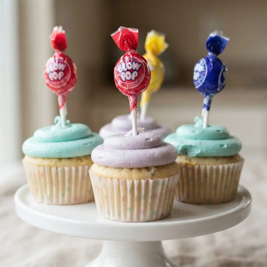 A dozen frosted cupcakes in pastel colors, each one topped with a single upright blow pop.