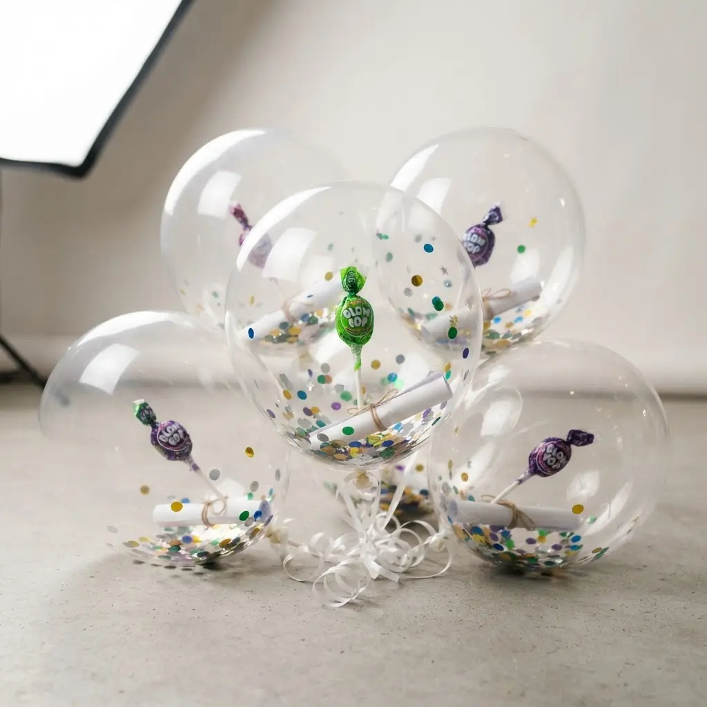 Several clear balloons filled with colorful confetti, a blow pop, and a rolled-up bill or note.