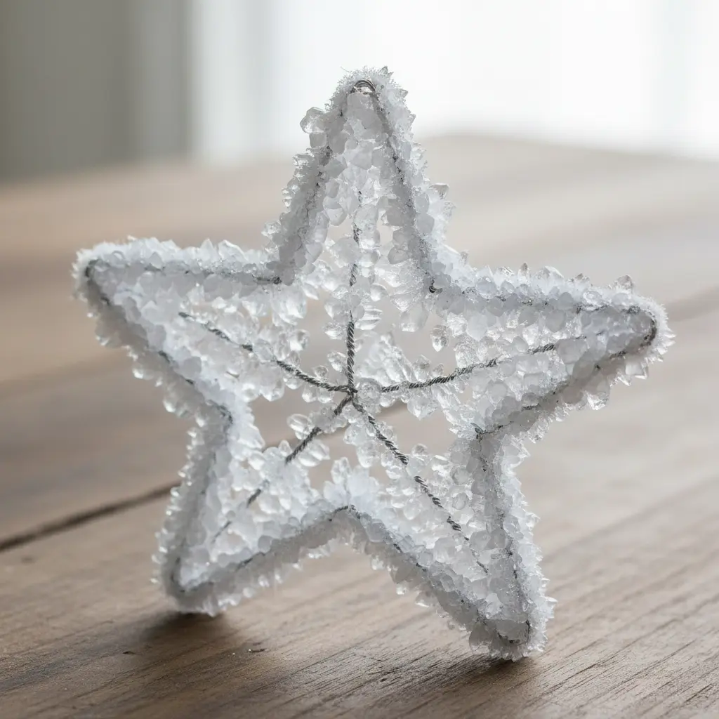 A white glitter star ornament with a dense, faceted coating of clear borax crystals.