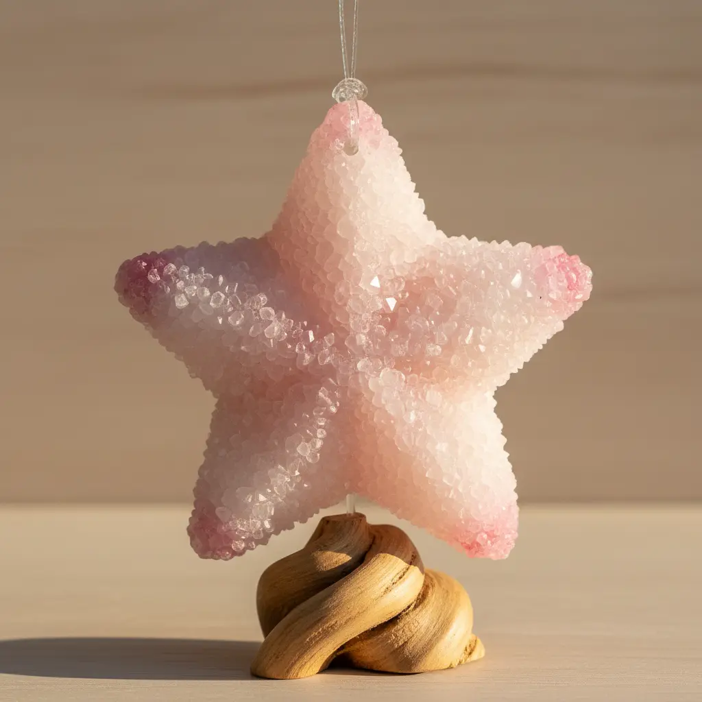 A delicate pastel pink star ornament made from borax crystals grown on a pipe cleaner form.