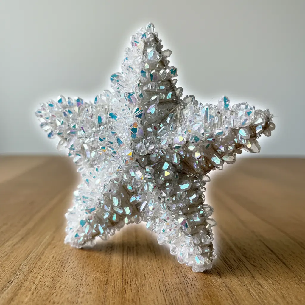 An iridescent silver pipe cleaner star form covered in a layer of clear, jagged borax crystals.