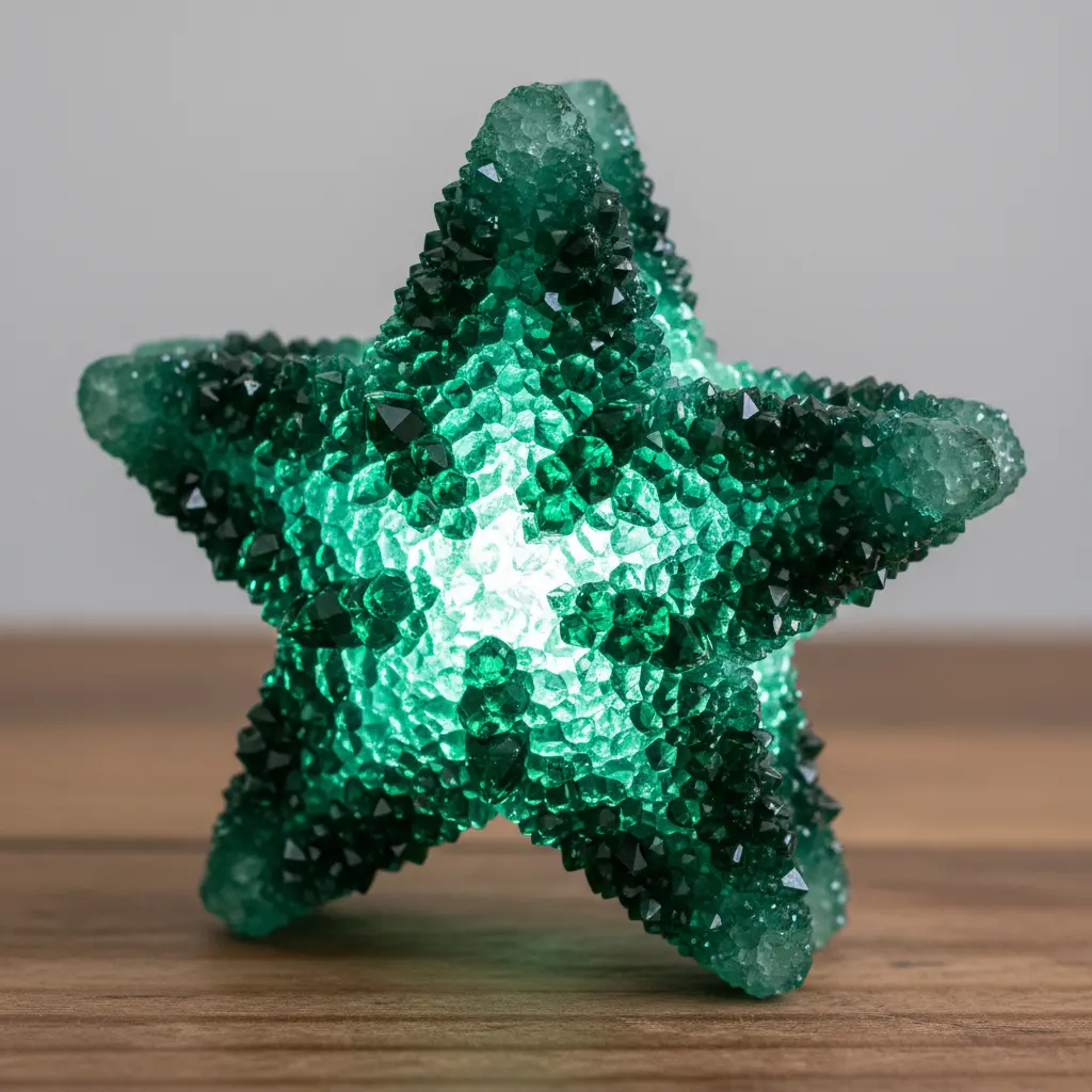 A vibrant emerald green star ornament made from deeply colored borax crystals.