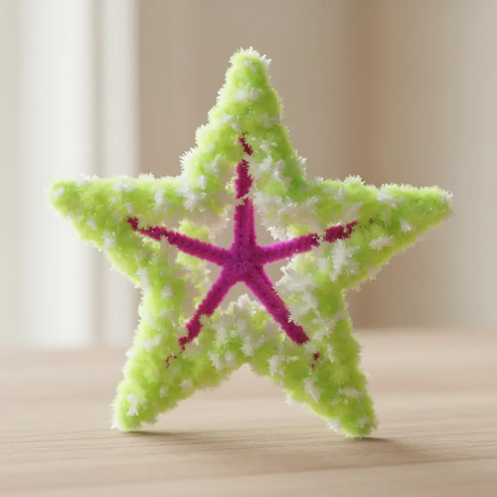 A neon-colored star with multiple sharp points, covered in a fuzzy, dense layer of borax crystals.