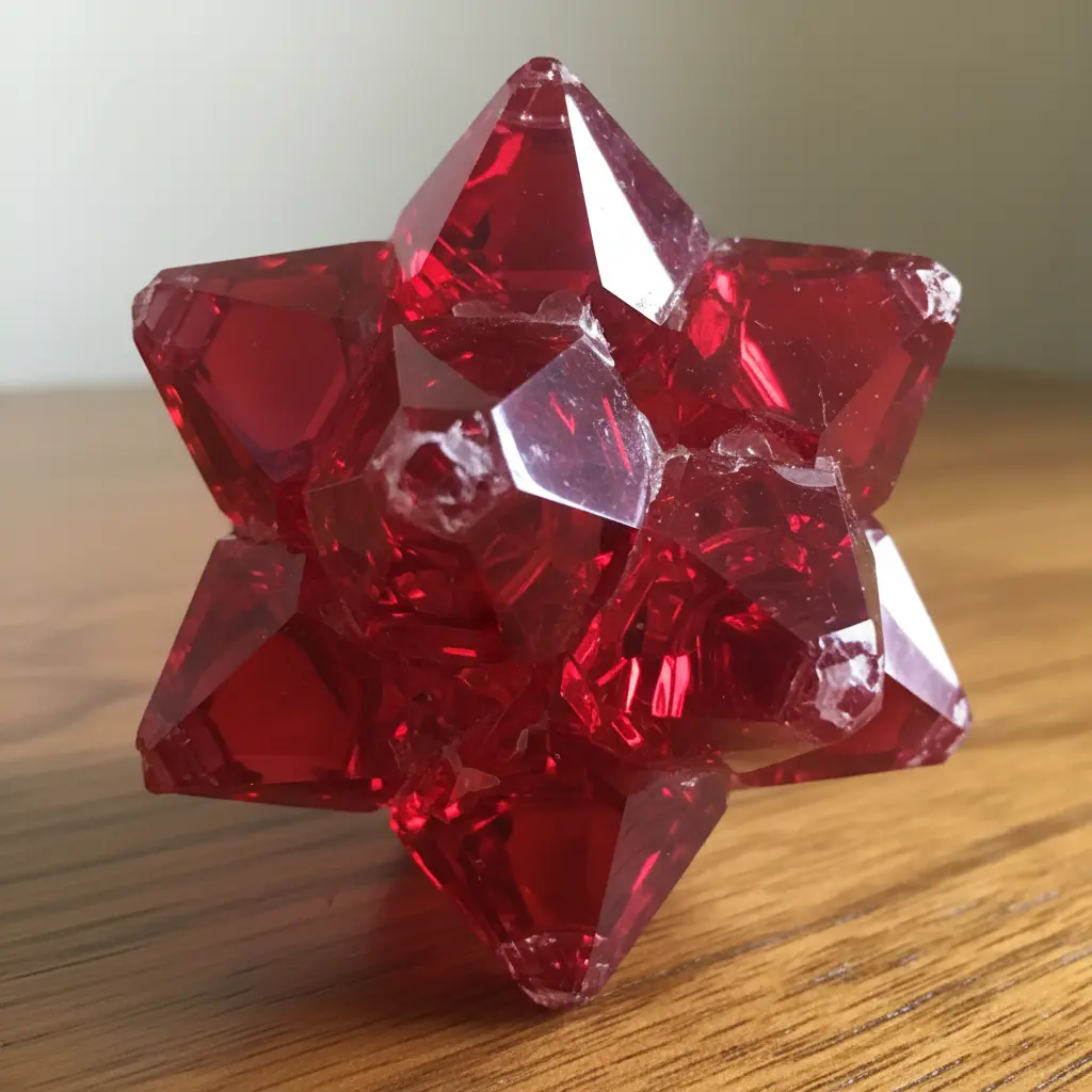 A red pipe cleaner star shape completely covered in a thick, clear coating of borax crystals.
