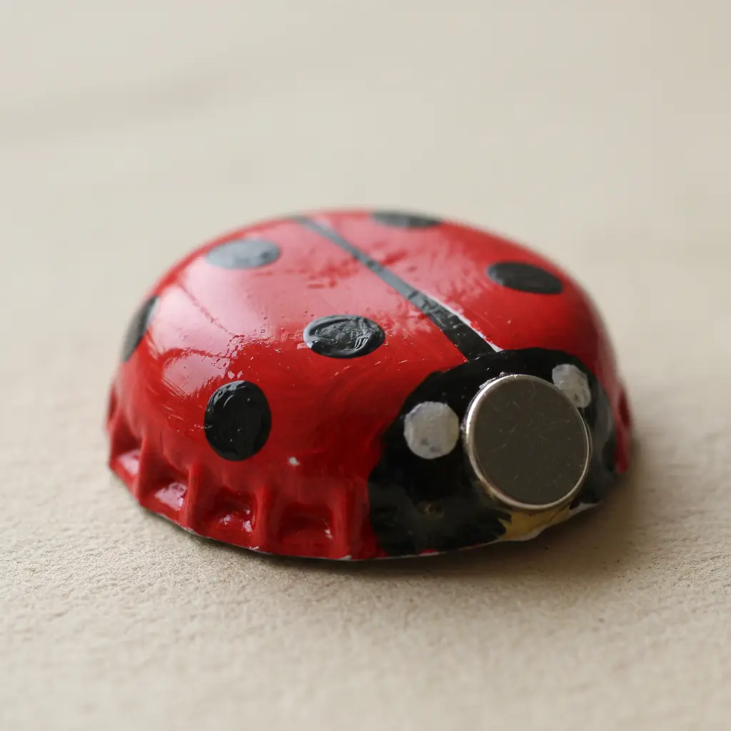 A red painted bottle cap ladybug with black polka dots and a small round magnet on its back.