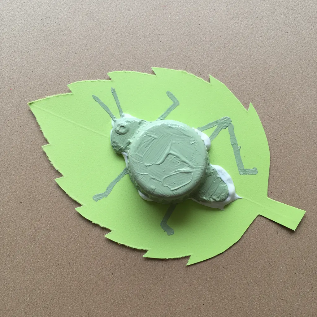A green painted bottle cap grasshopper with pipe cleaner legs, placed on a large, cut-out green paper leaf.