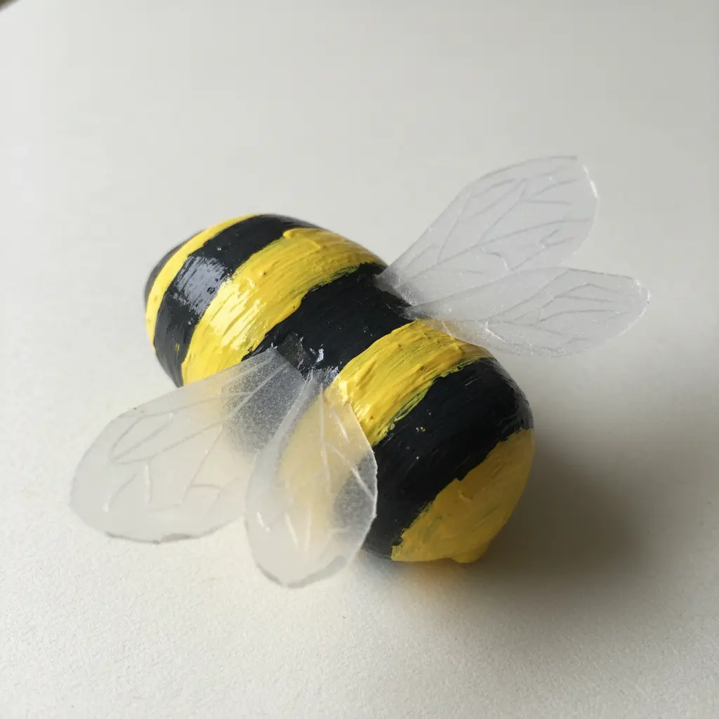 A yellow bottle cap bumblebee with black stripes and delicate, translucent paper wings attached to its sides.