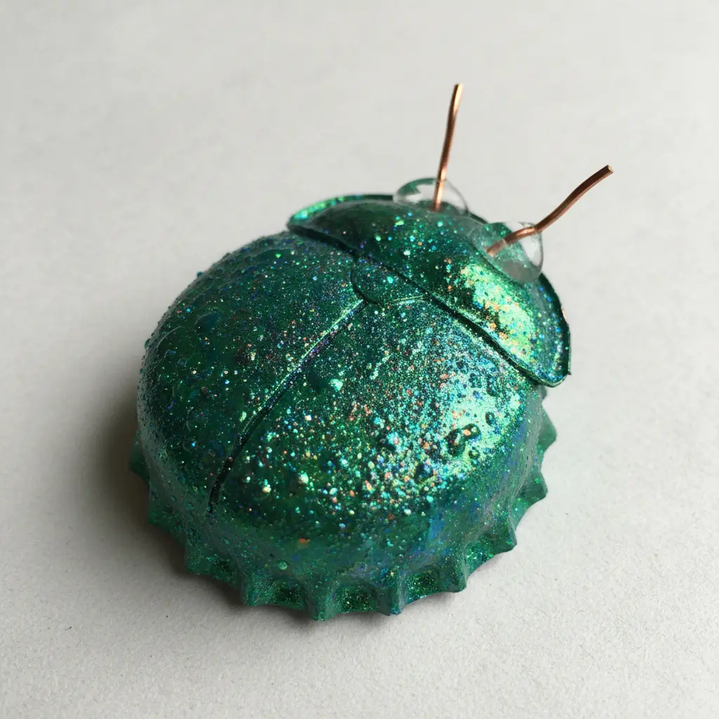 A bottle cap painted with iridescent green paint to resemble the rounded, shiny body of a beetle.