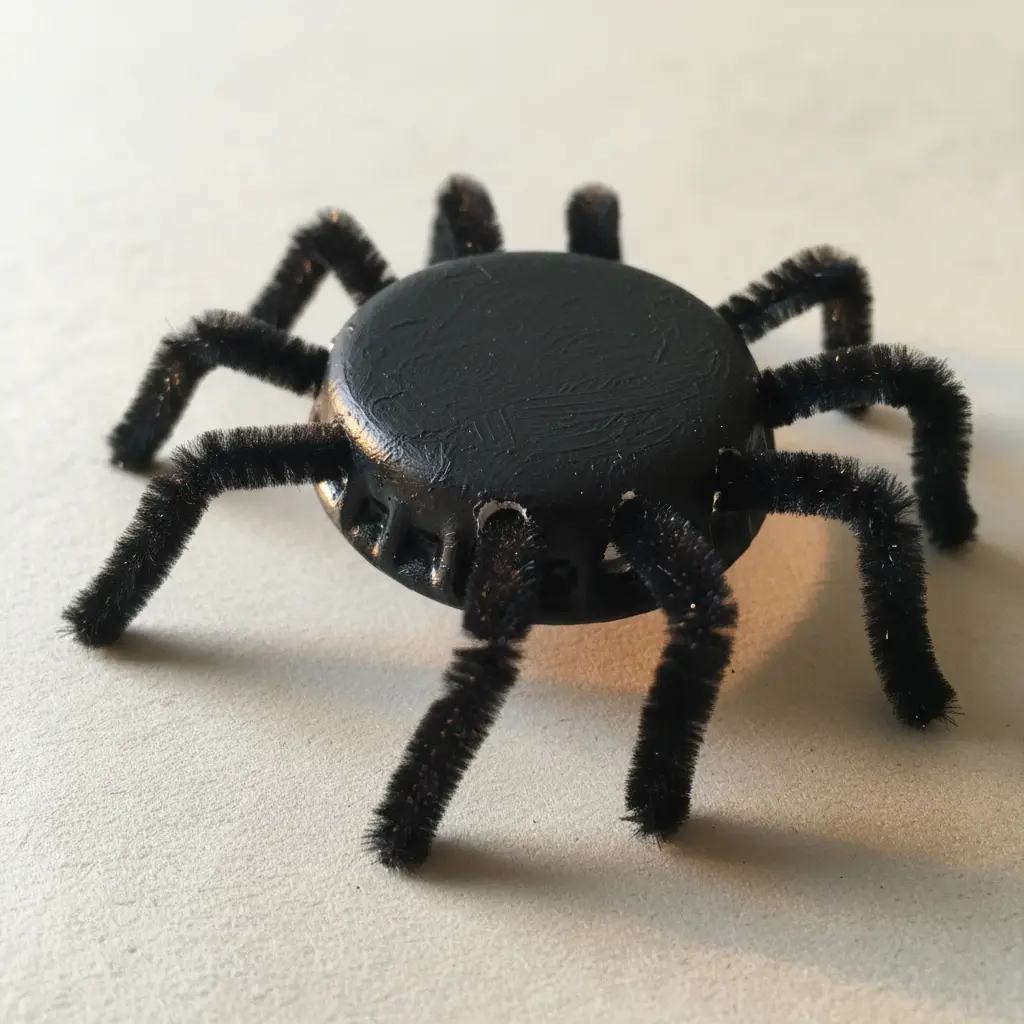 A black bottle cap spider with large googly eyes and eight fuzzy, bent black pipe cleaner legs.