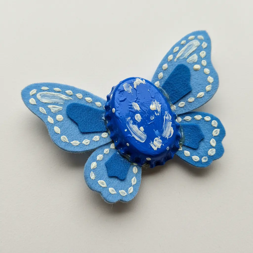 A blue painted bottle cap forms the body of a butterfly, with colorful felt shapes glued on as wing patterns.