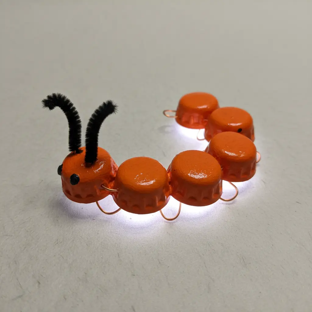 A caterpillar made from multiple orange bottle caps linked in a row, with painted black details and pipe cleaner antennae.