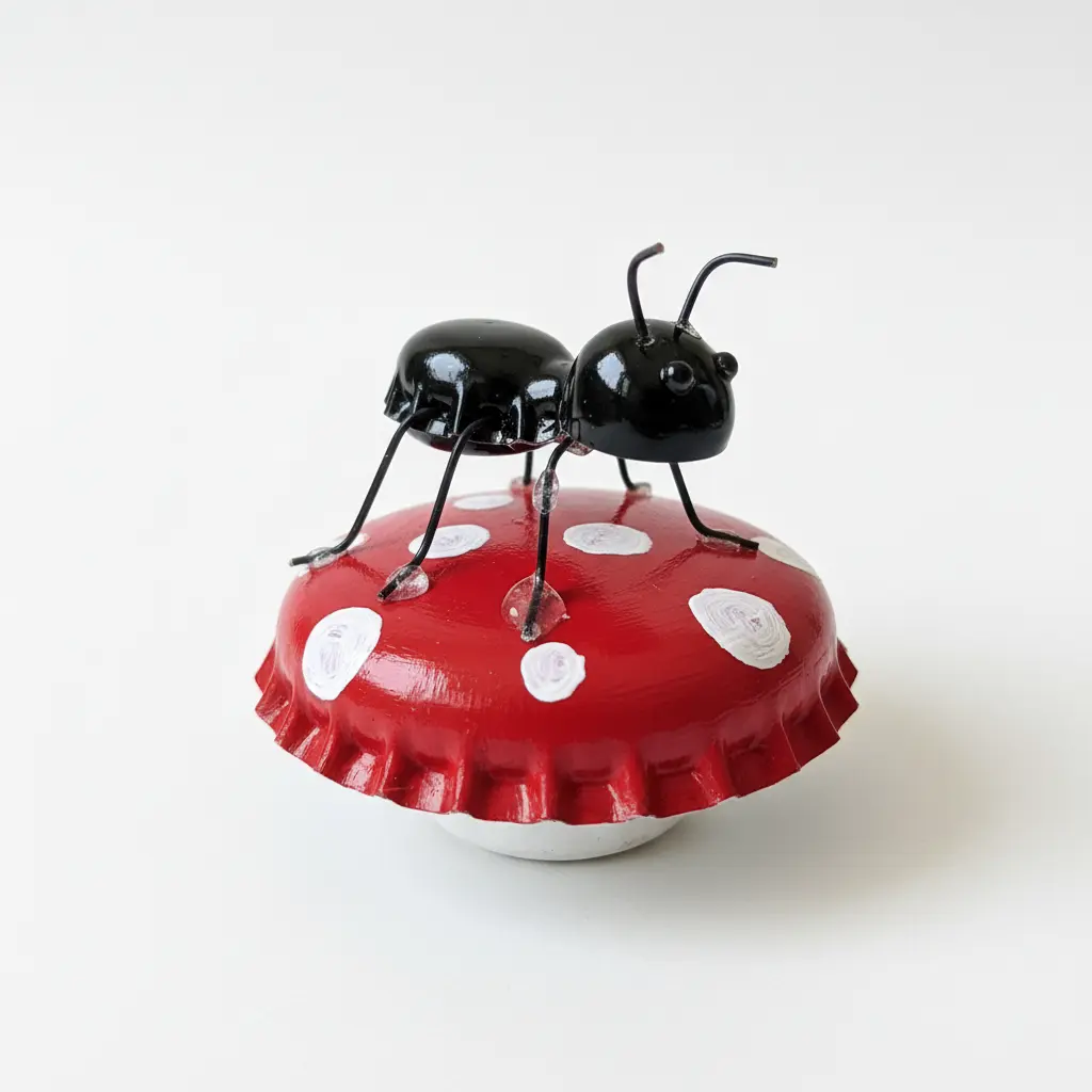 A small black bottle cap ant with pipe cleaner legs stands on a larger red bottle cap painted as a mushroom with white spots.