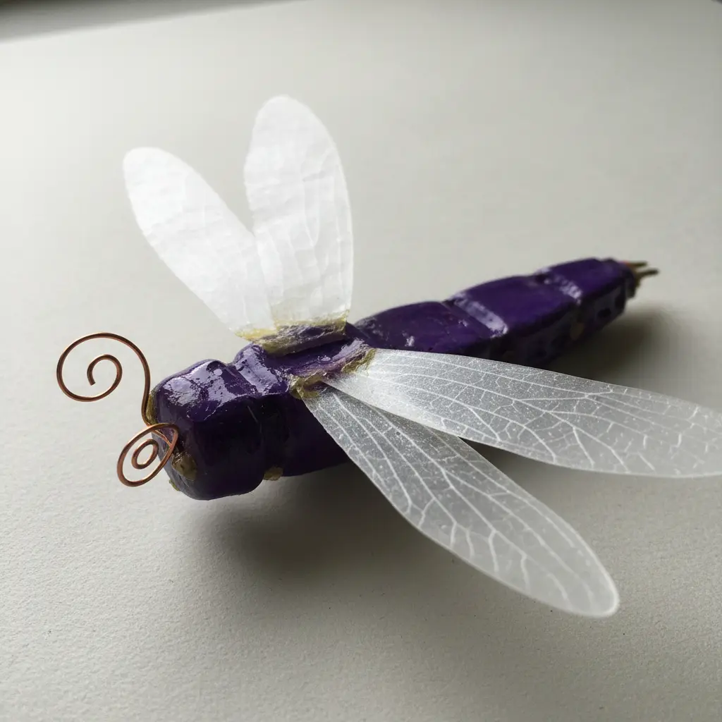 A purple painted bottle cap dragonfly body with long, thin pipe cleaner antennae and large, clear plastic wings.