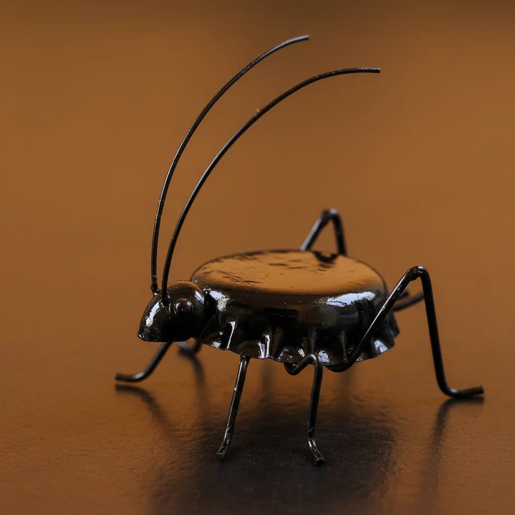 A glossy black bottle cap cricket with long, curved pipe cleaner antennae and painted details on its back.