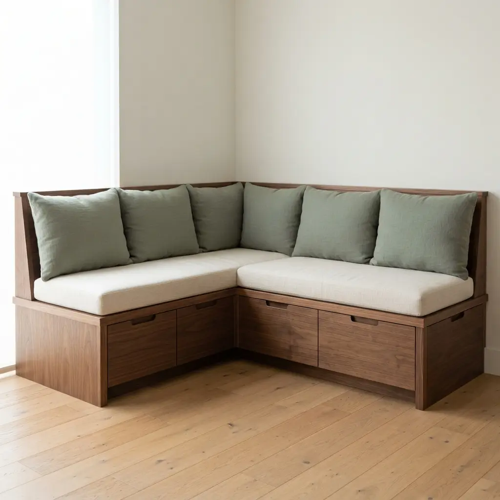 A cozy L-shaped built-in bench with plaid cushions and hidden storage drawers in a kitchen corner.