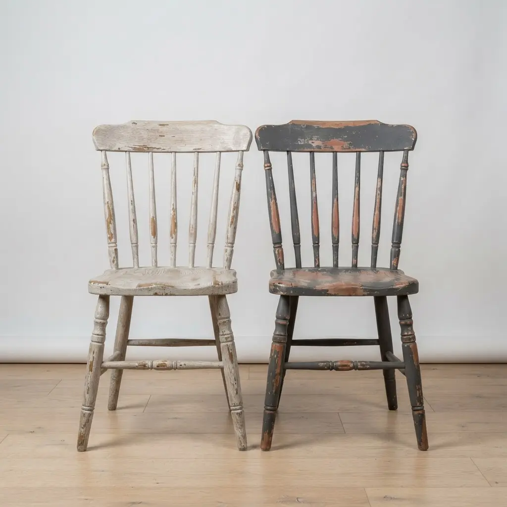 A wooden farmhouse table with an eclectic mix of painted and wooden chairs around it.
