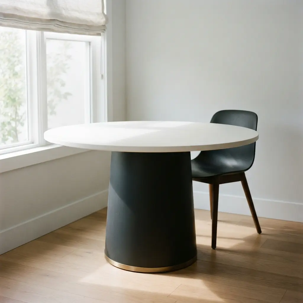 A sleek round white pedestal table paired with black metal chairs in a bright breakfast nook.