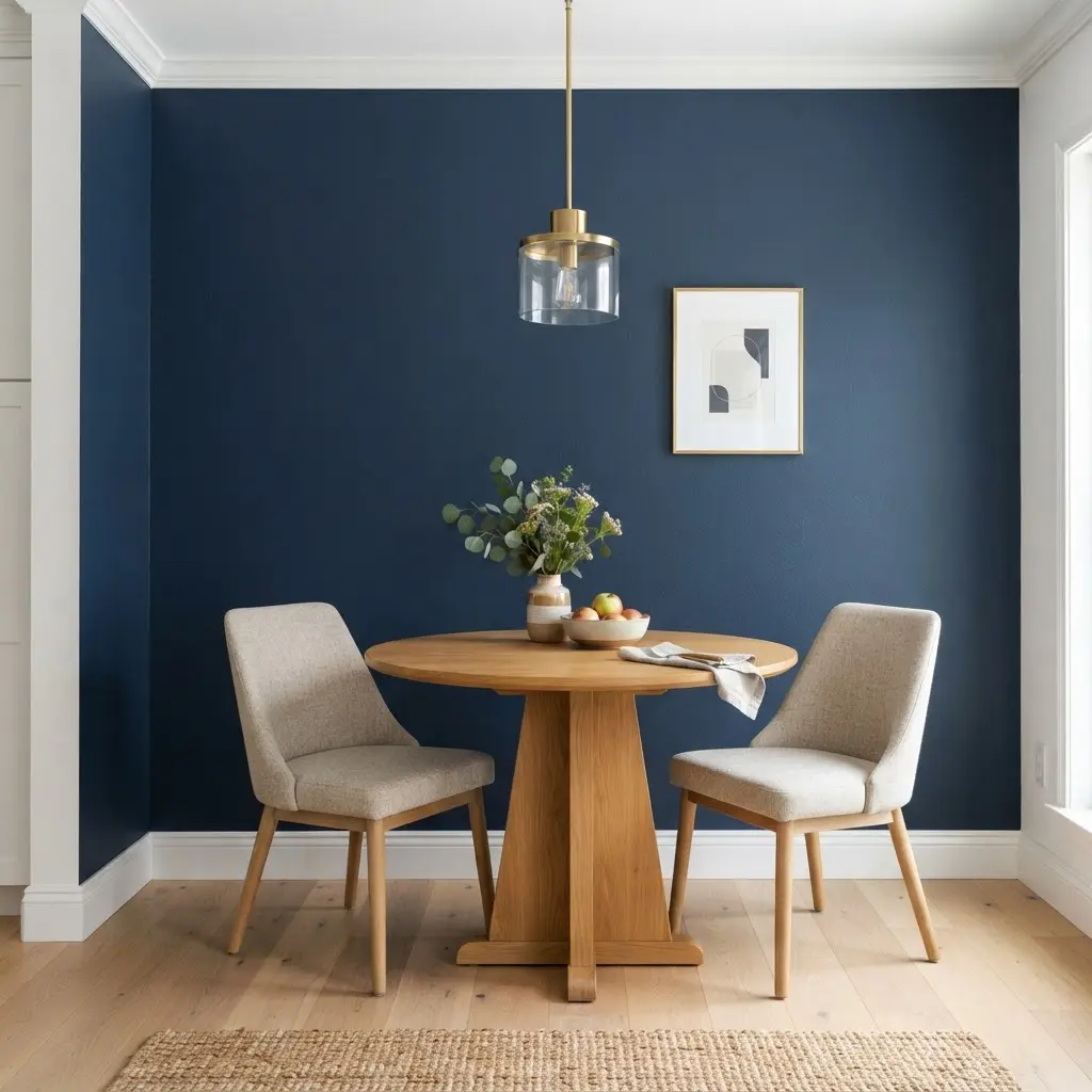 A deep navy blue painted wall creating a dramatic backdrop for a wooden table and woven chairs.