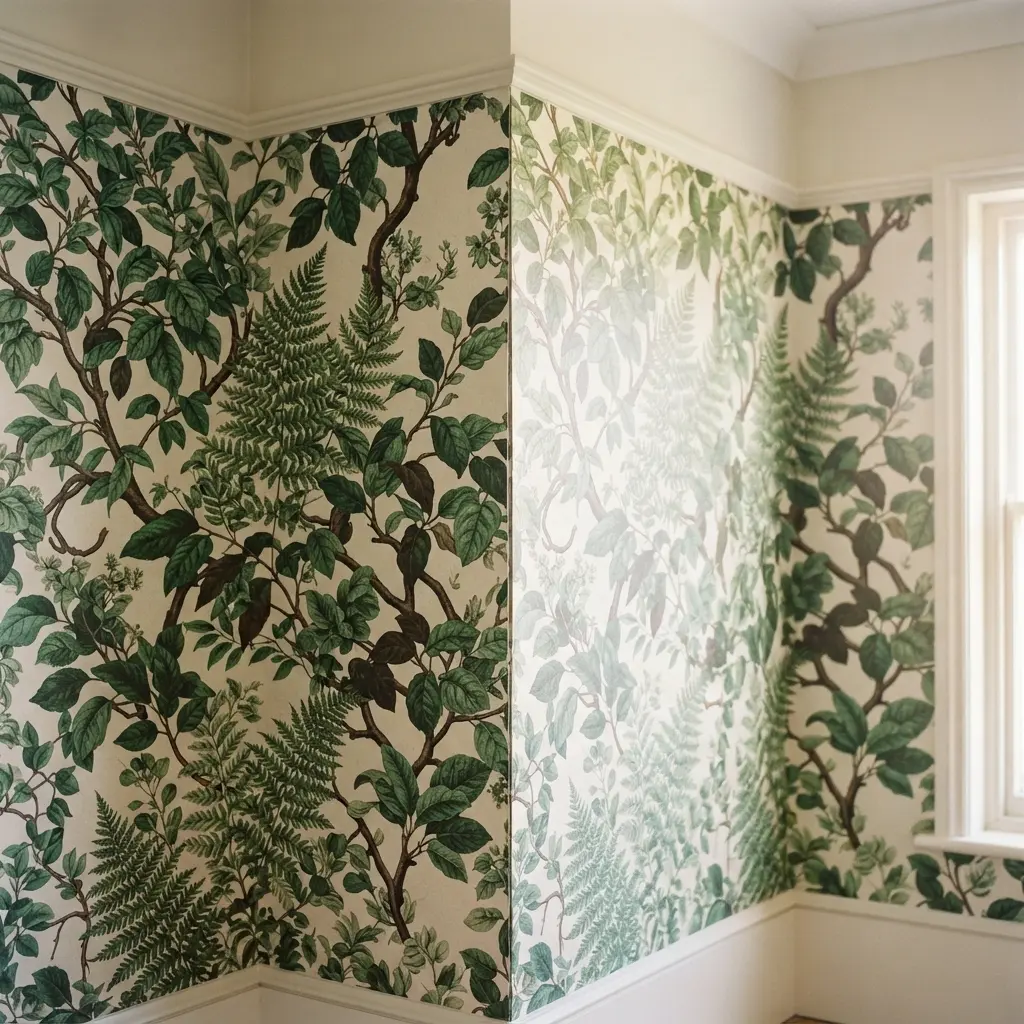 A small breakfast area with large-scale botanical wallpaper featuring leaves and vines.