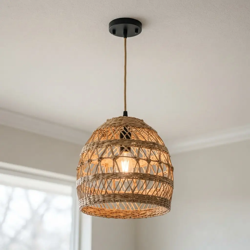 A natural woven rattan pendant light fixture hanging above a rustic wooden dining table.