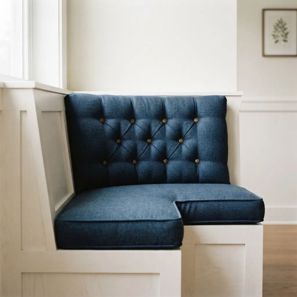 A deep, tufted bench cushion covered in a navy performance fabric, fitted into a window nook.