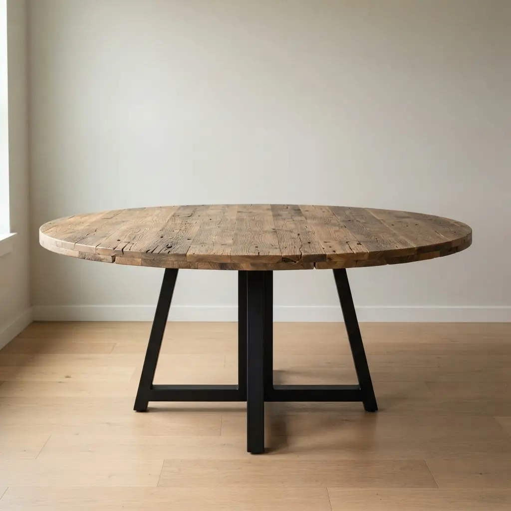 An oval-shaped dining table with a distressed reclaimed wood top and black metal legs.