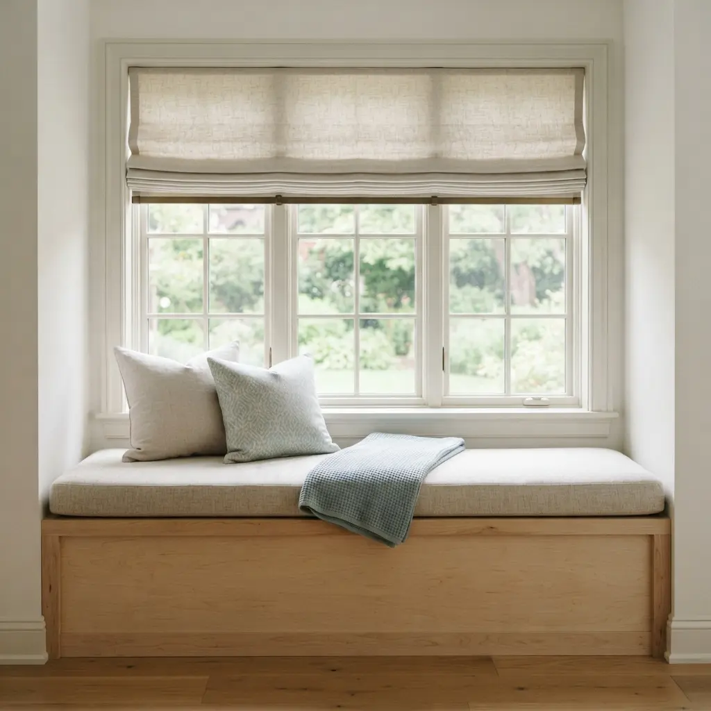 A padded window bench seat beneath a large window dressed with soft, neutral roman shades.