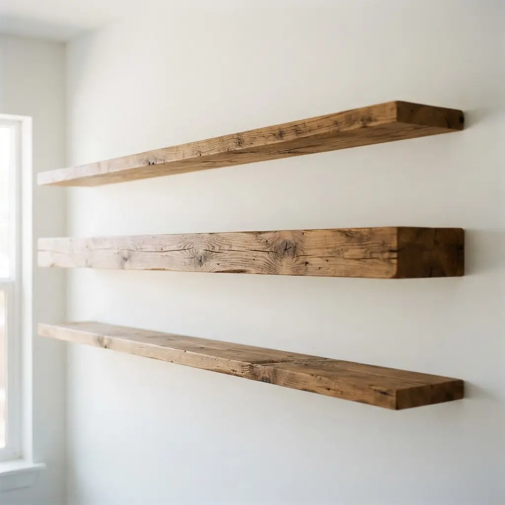 A collection of rustic wooden floating shelves displaying framed prints and small plants on a wall.