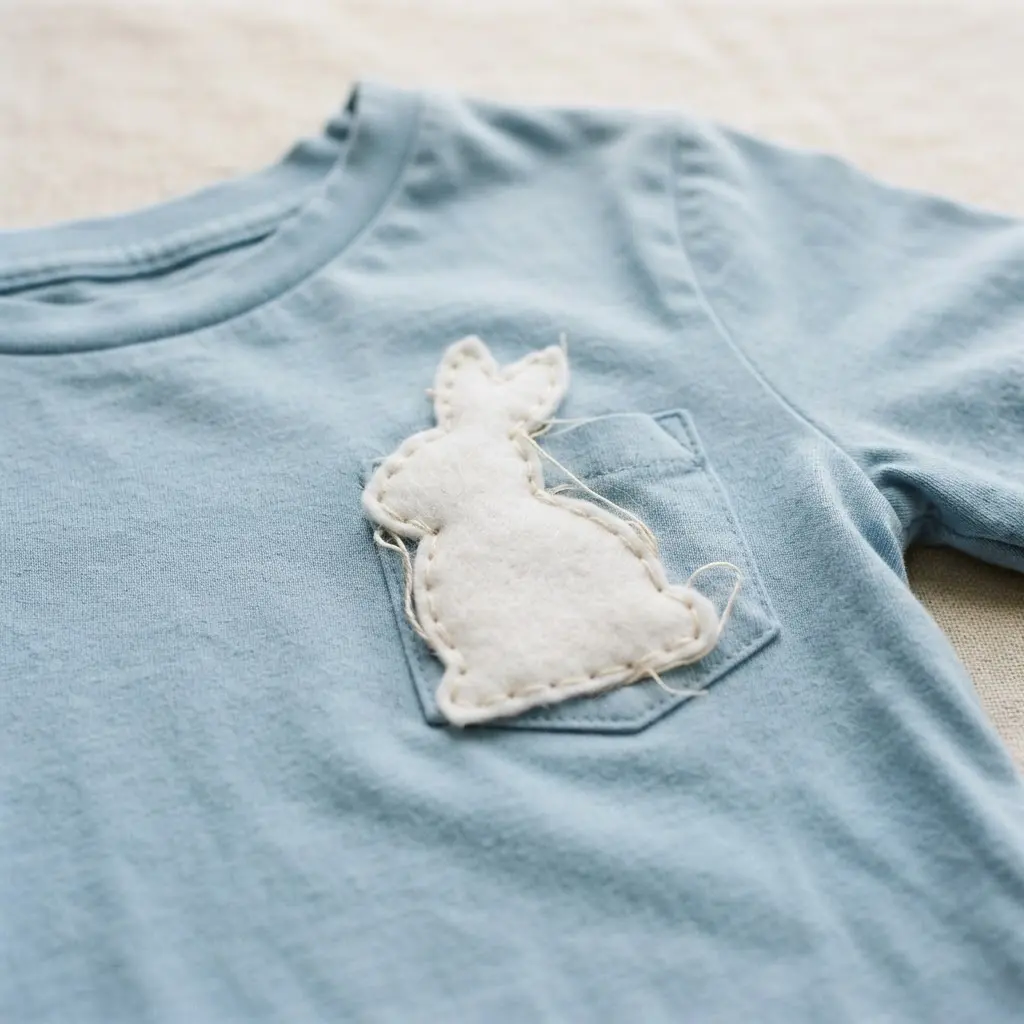 A light blue shirt with a simple white felt bunny shape stitched near the pocket.