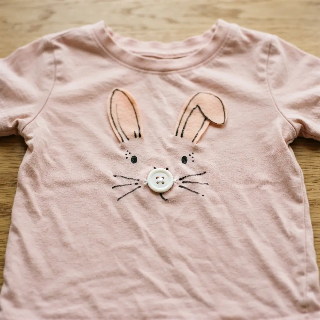 A pink shirt with a drawn bunny face featuring a single white button for the nose.