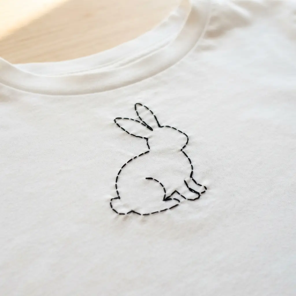 A white shirt with a small, neat black embroidered bunny outline near the neckline.