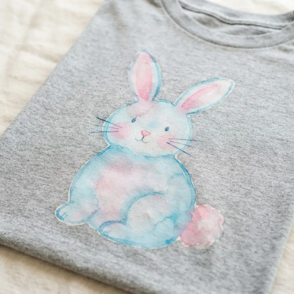 A grey shirt featuring a bunny with pink and blue watercolor-style fabric paint.