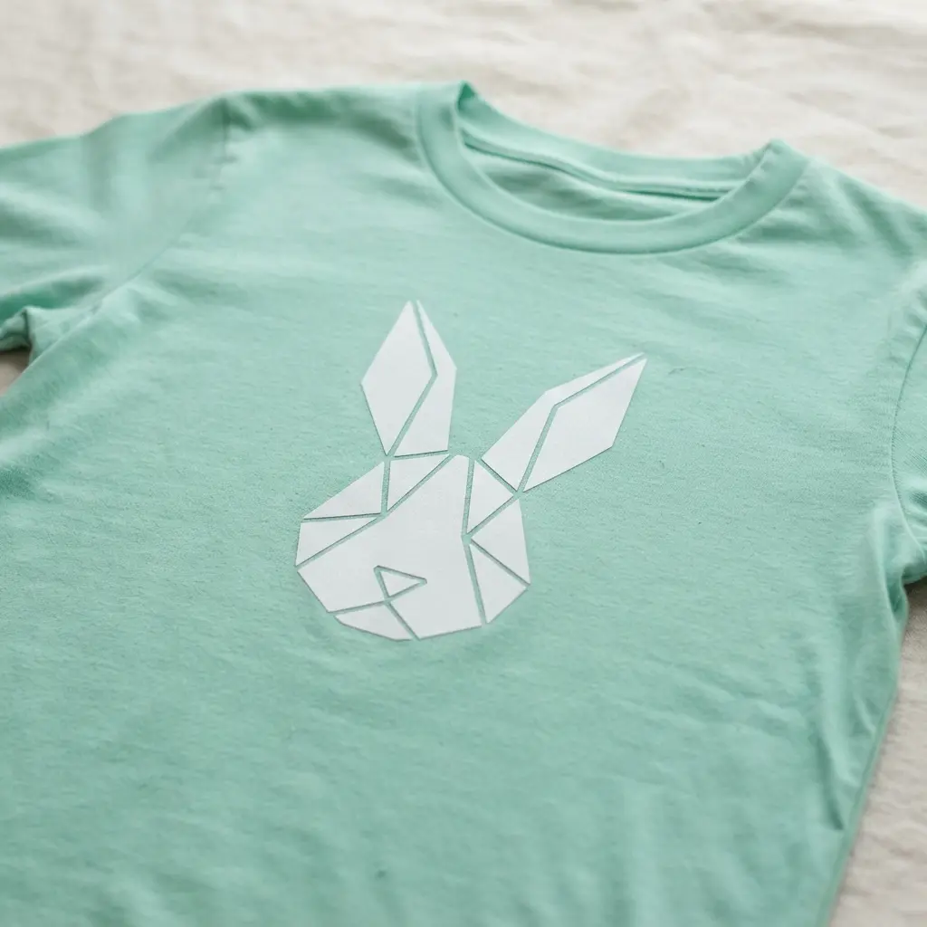 A mint green shirt with a stark white, graphic bunny silhouette on the front.