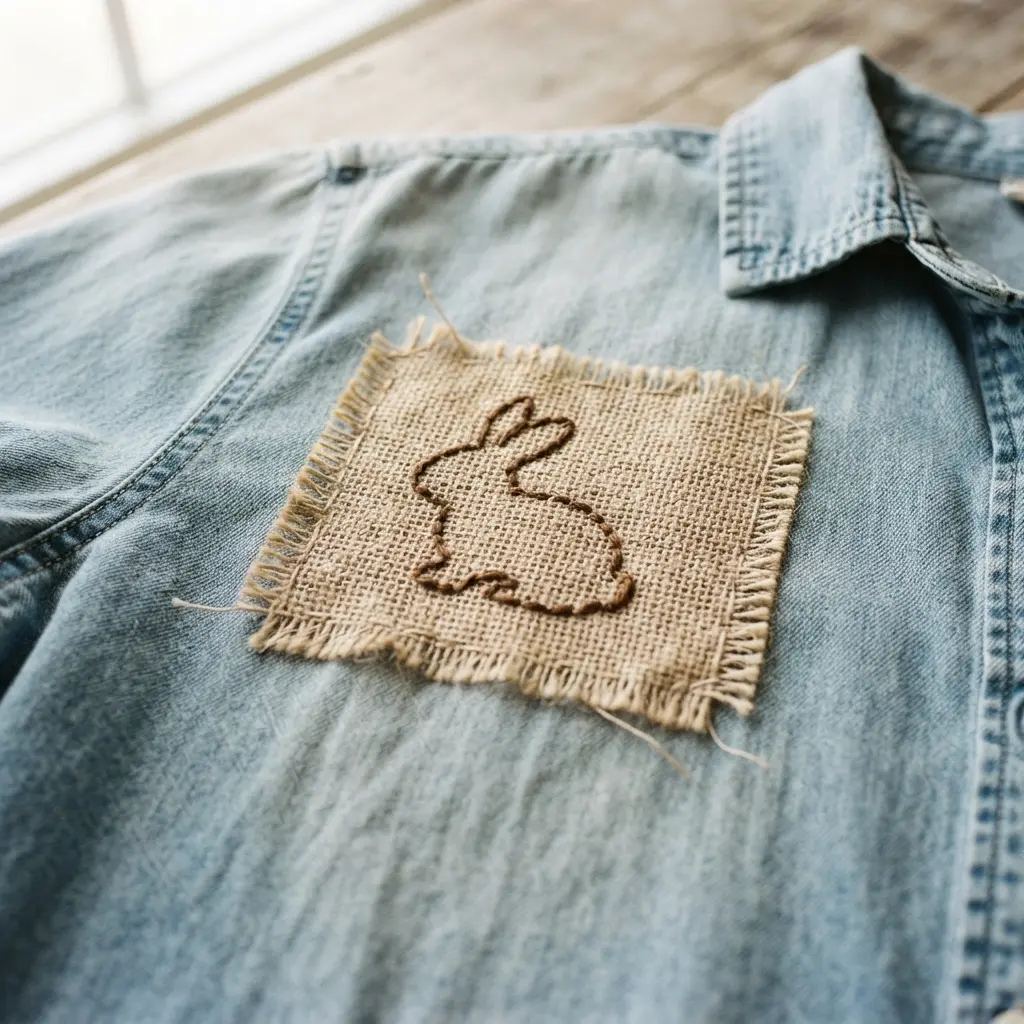 A light denim shirt with a small rectangular burlap patch featuring a brown embroidered bunny.