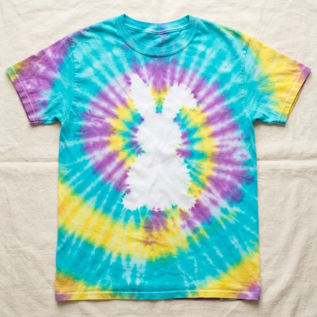 A multicolored spiral tie-dye shirt with a white bunny silhouette in the center.