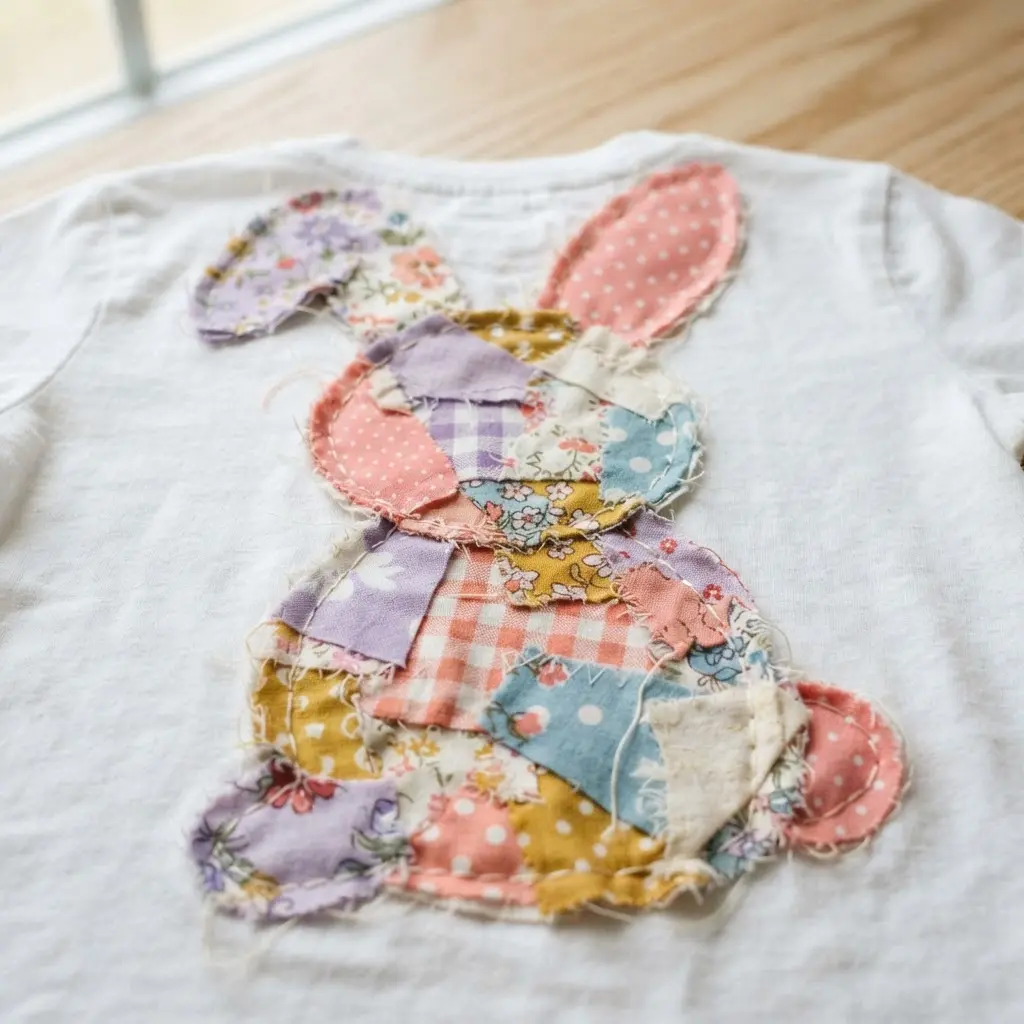 A solid colored shirt with a bunny shape created from layered floral and polka dot fabric pieces.