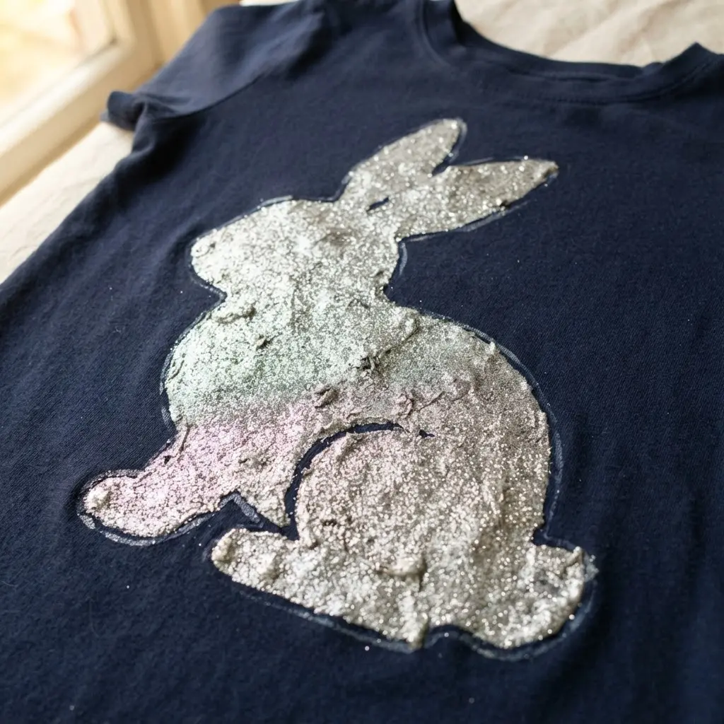 A navy blue shirt with a bunny outline filled with silver glitter fabric medium.