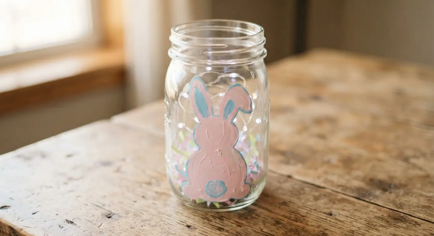 A clear mason jar featuring a light pink and blue hand-painted bunny silhouette on its side.