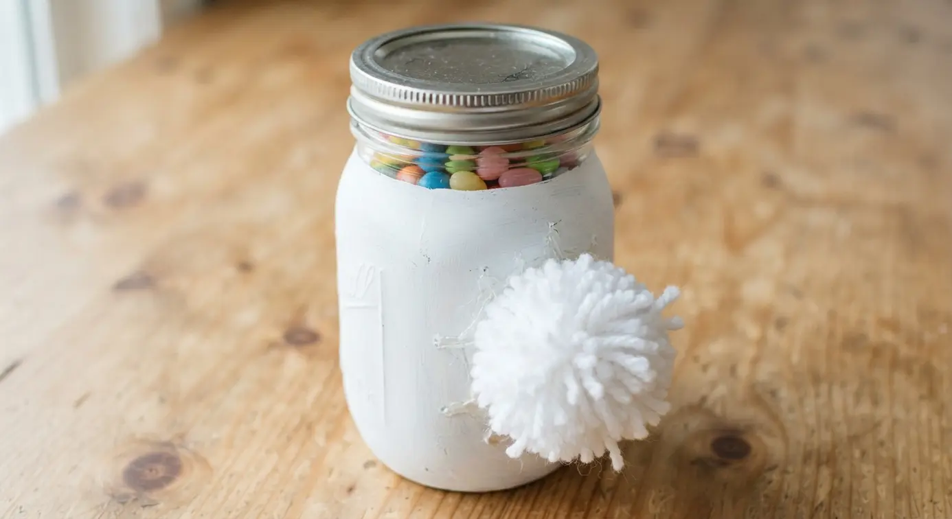 A white-painted mason jar with a large, fluffy white pom-pom attached to its back as a bunny tail.
