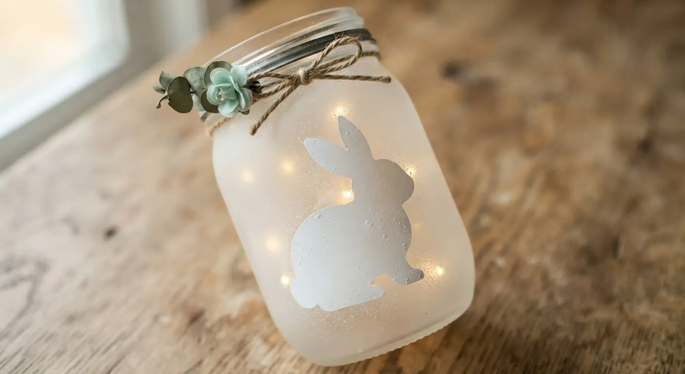 A mason jar with a frosted glass surface showing a clear white bunny silhouette.