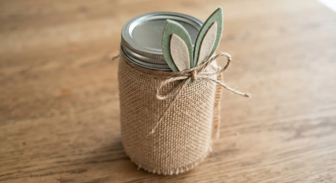 A jar covered in textured burlap fabric with simple felt bunny ears attached near the lid.