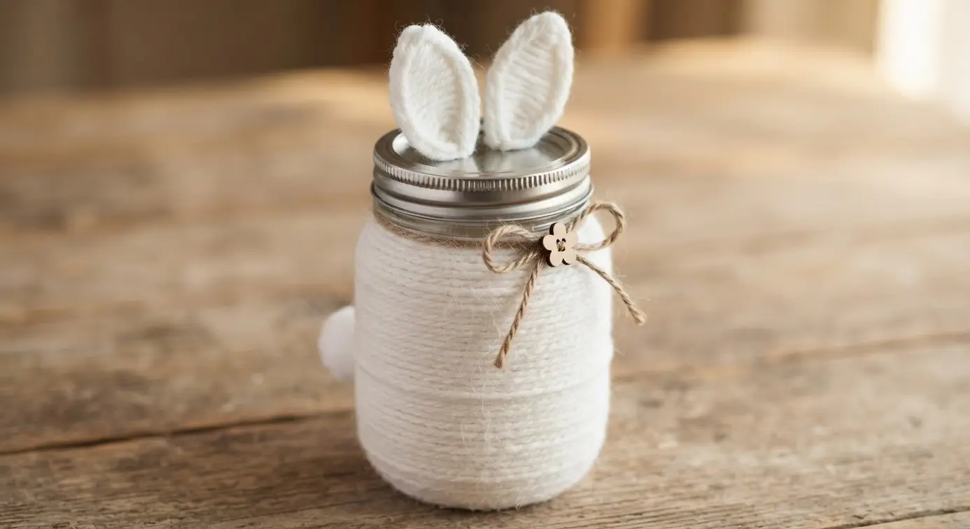A mason jar with its body fully covered in white yarn, creating a soft, textured surface.